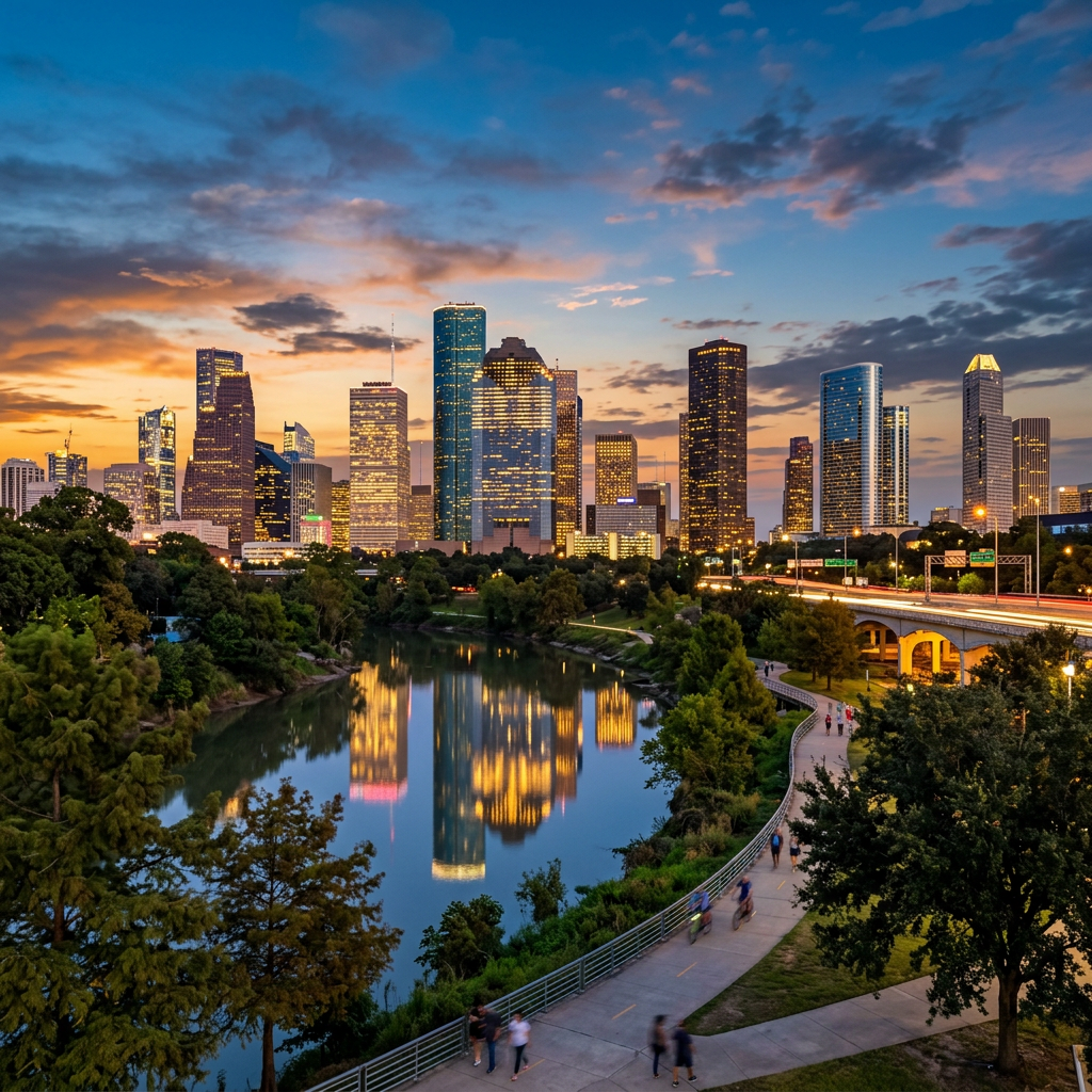 Houston skyline at sunset with tall buildings reflecting in water